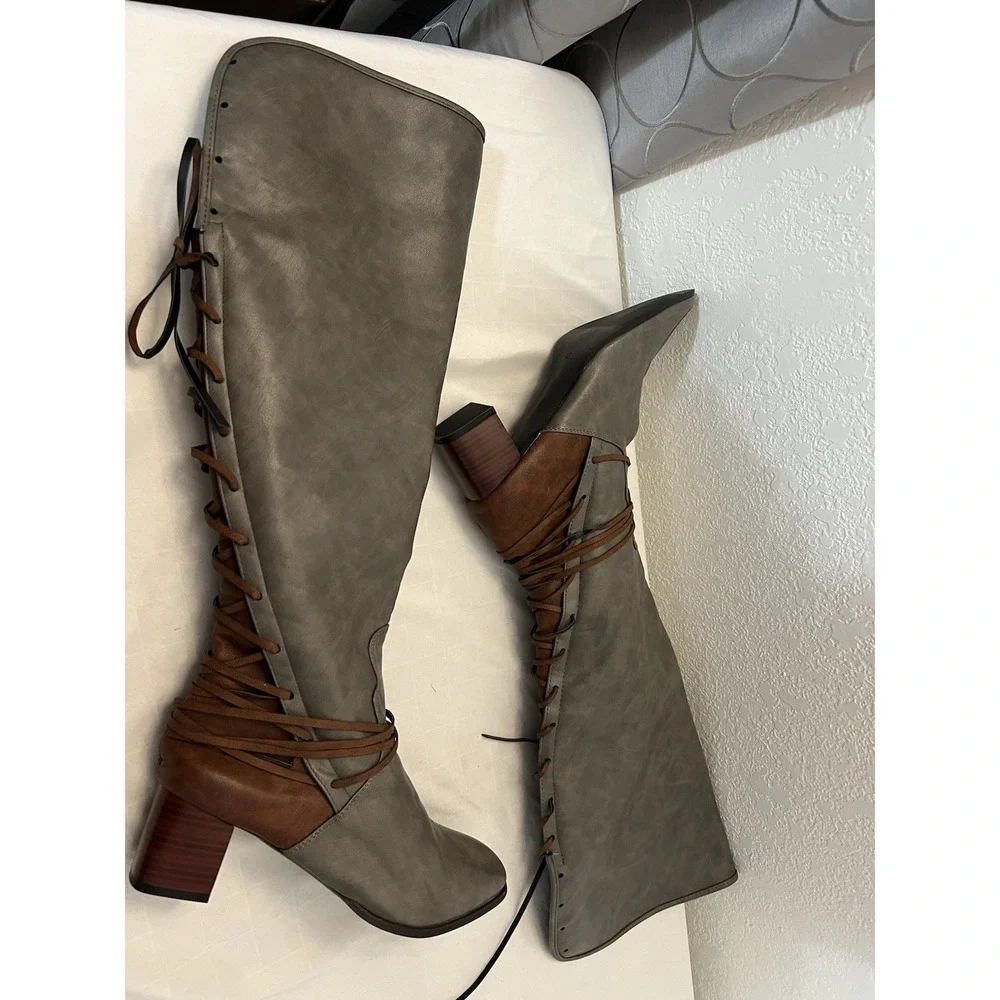 Gray Brown Boots Women EU 42 11M 11.5M Side Zip Faux Leather Over Knee Lined NEW